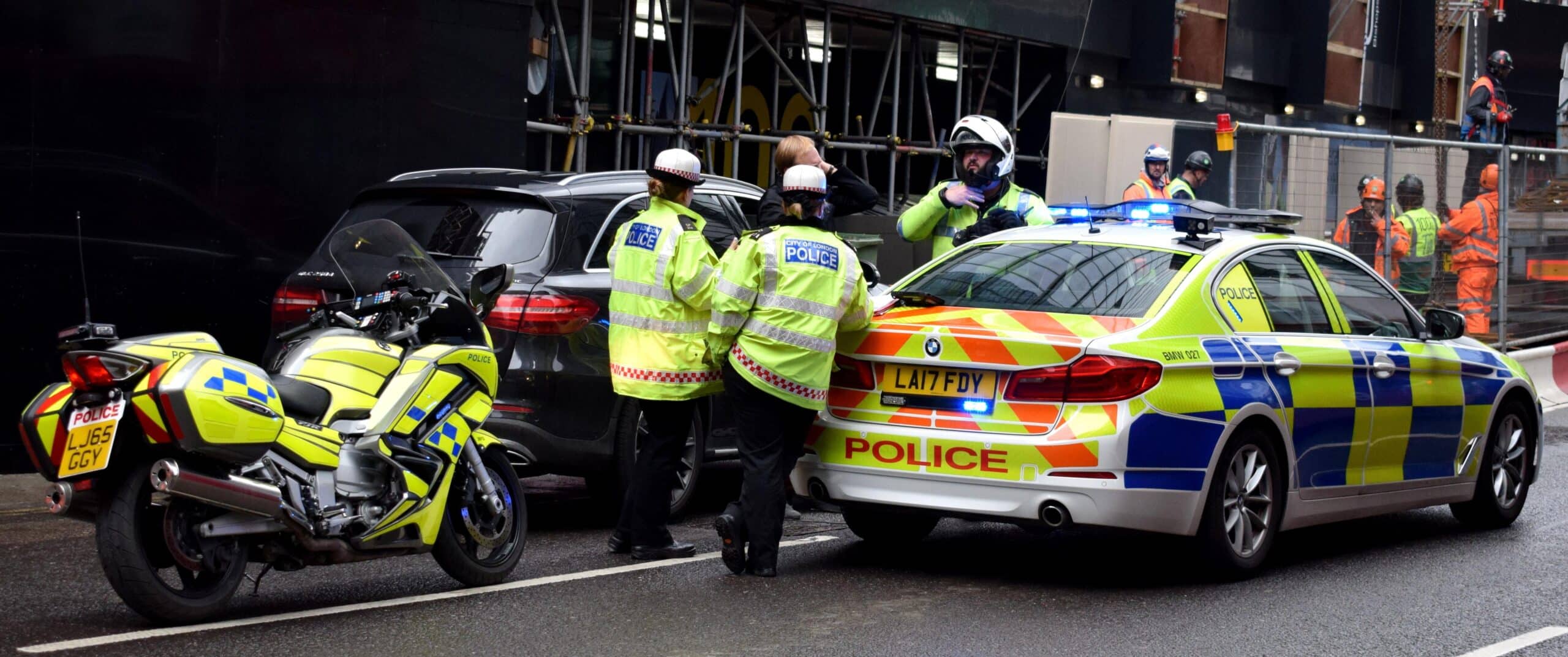 Police car at the scene of a motor offence in England