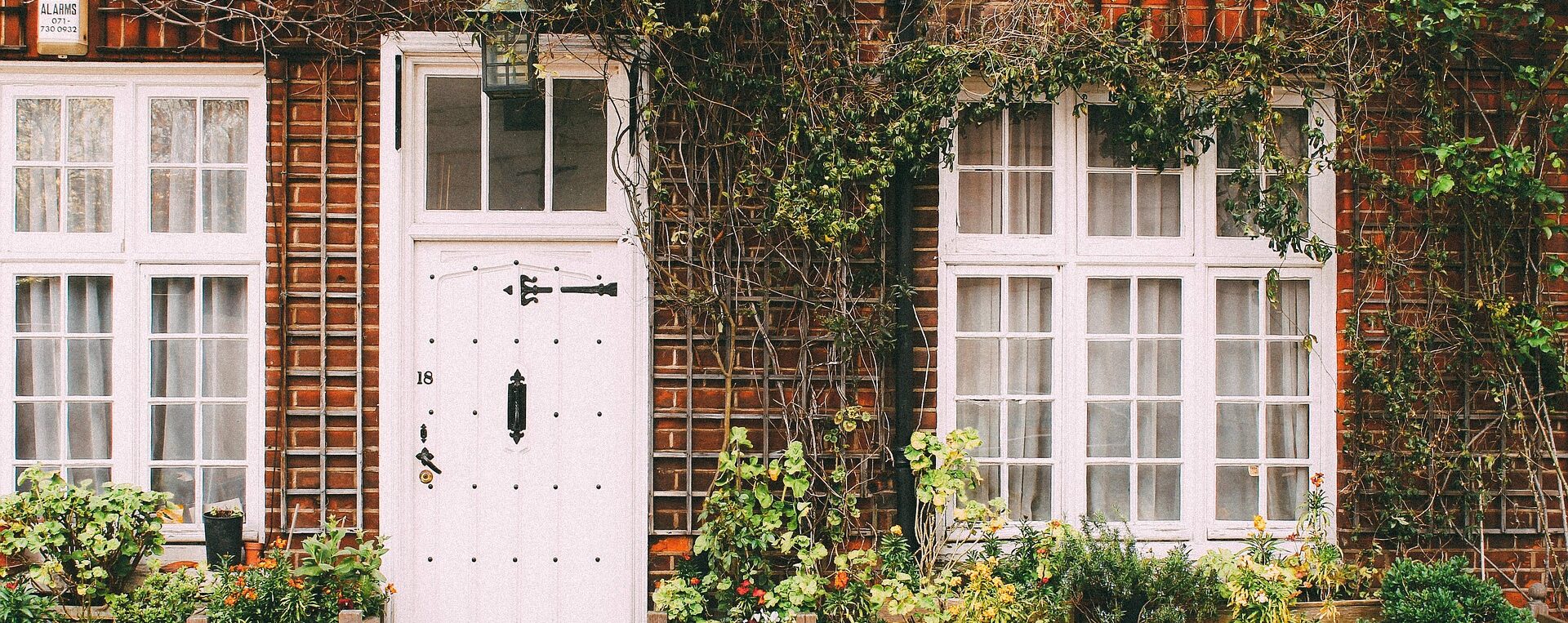 Exterior of a home with climber plants and white wooden door