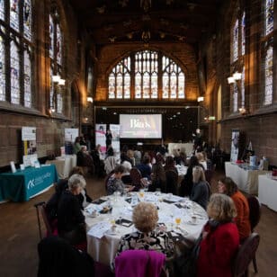 Networking event in a grand hall with Bias presentation on projector screen