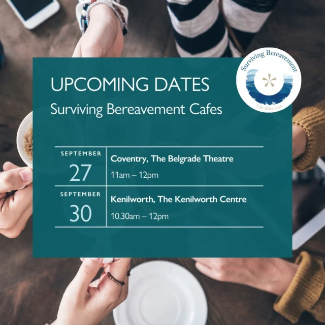 The next Surviving Bereavement Cafe Meetups will be taking place throughout September on the following dates:

📍 Coventry
📍 Kenilworth

The cafes offer a safe space for you to chat with others that may have also experienced a bereavement.

More information can be found on the Surviving Bereavement website:

https://bit.ly/3OaQedx 

#bereavement #grief #communitysupport #coventry #warwickshire #kenilworth